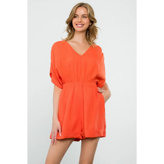 Camille - V Neck Romper Dress Featuring Pockets and Short Sleeves - Orange