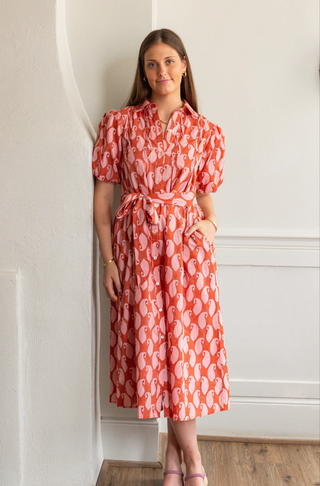 Lizzie Midi Dress Apricot/Ginger Poplin Blockprint