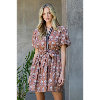 Delilah - Puff Sleeve Floral Detailed V-Neck Dress - Beige