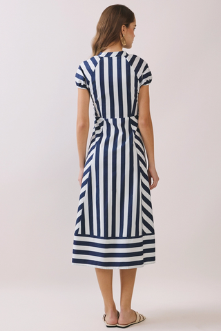 Mixed Striped Pattern Button Down Midi Dress - Navy