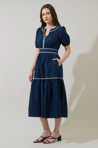Taliah Puff Sleeve Midi Dress - Navy
