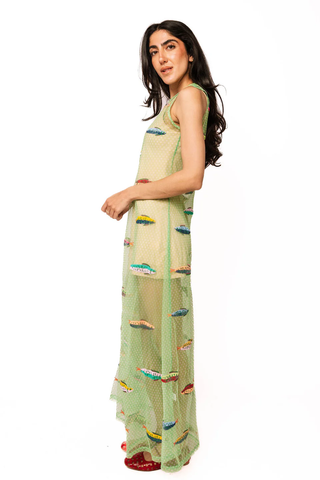 Green Sheer Polka Dot Multi Fish Coverup Midi Dress