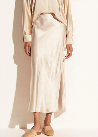 Graceful Slit Maxi Satin Skirt - Beige