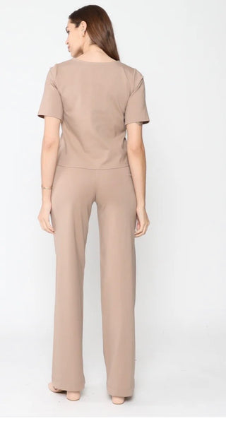 Khaki Ponte Knit Short Sleeve Top Extended