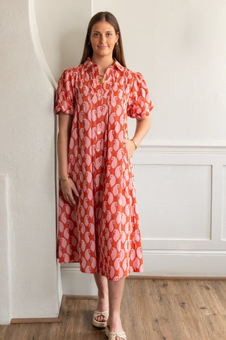 Lizzie Midi Dress Apricot/Ginger Poplin Blockprint