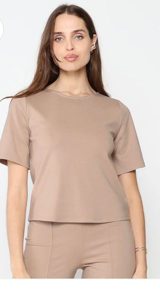 Khaki Ponte Knit Short Sleeve Top Extended