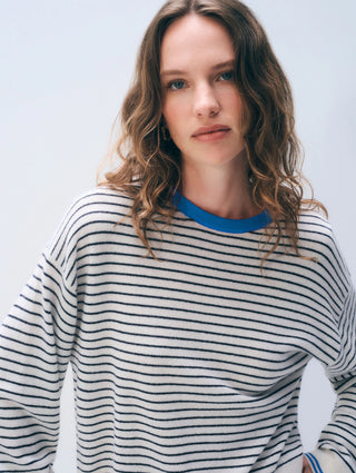 Cashmere Striped Crewneck - Soft white/deep navy/bright azure