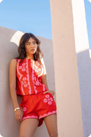 Contrast Embroidery Vest Top - Red / Pink