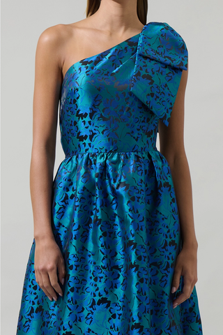 Farrah Jacquard Floral Miley Bow Midi Dress - Green Blue