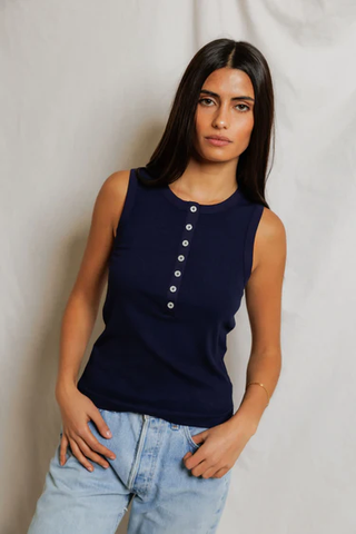 Loretta Luxe Rib Henley Tank - Navy