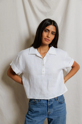 Tabitha Linen 1/4 Button Down Collared Tee - White