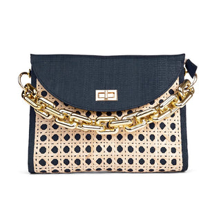 The Soleil - Black Rattan Woven Clutch With Large Gold Chain