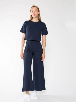 Ponte Knit Wide Leg Pant Cropped - Navy
