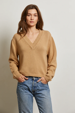 Addie - Cotton Oversized V Neck Sweater - Suede