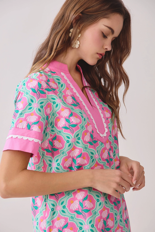 Colorful Floral Print Contrast Borders Shift Dress - Pink