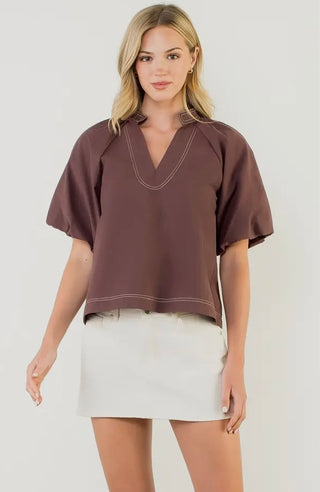 SOPHIE , Contrast Stitch Puff Sleeve V-Neck Top