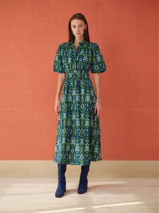 Banyan Puff Sleeve Midi Dress - Peacock Navy