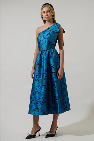 Farrah Jacquard Floral Miley Bow Midi Dress - Green Blue