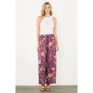 Faye -  Floral Smocked Waist Wide Leg Pants - Burgundy