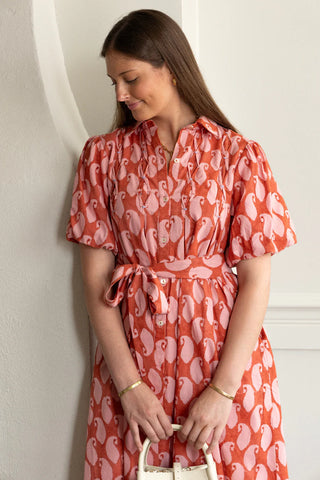 apricot red dress Lizzie Midi Dress Apricot/Ginger Poplin Blockprint Monkee's of Bluffton