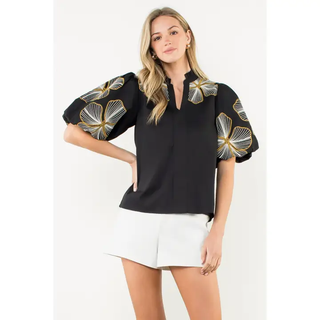 Vicki - Puff Sleeve Embroidered Top - Black