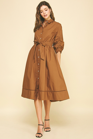 Eyelet Detailed Button Down Midi Dress - Brown