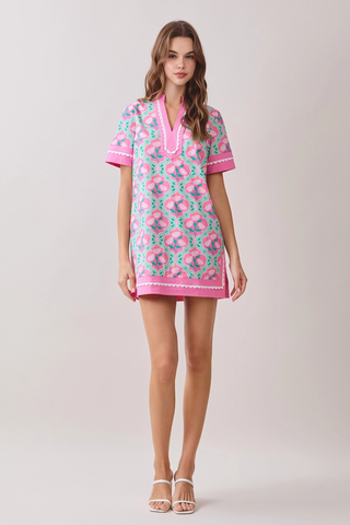 Colorful Floral Print Contrast Borders Shift Dress - Pink