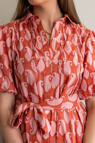 Lizzie Midi Dress Apricot/Ginger Poplin Blockprint