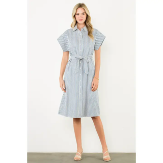 Folly - Belted Striped Button Dress - Blue