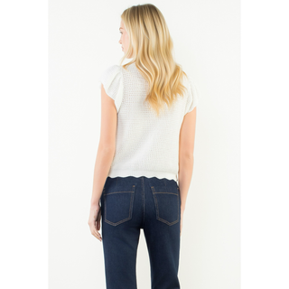 Scallop Hem Crochet Knit Cap Sleeve Top - White