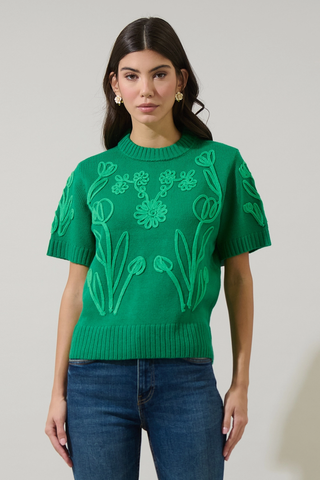 Winsley Floral Embroidered Sweater Top - Green
