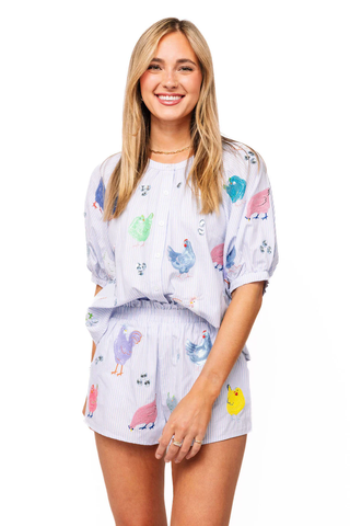 Light Blue Stripe Multi Chicken Button Up Cotton Top