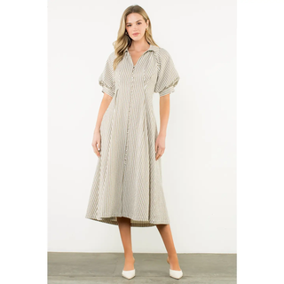 Suzanna - Puff Sleeve Striped Button Maxi Dress - Olive