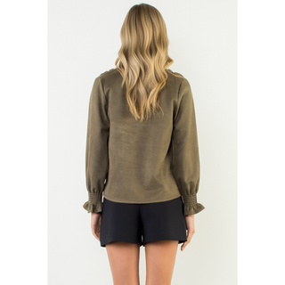 Cassie - Long Sleeve Suede V-Neck Top