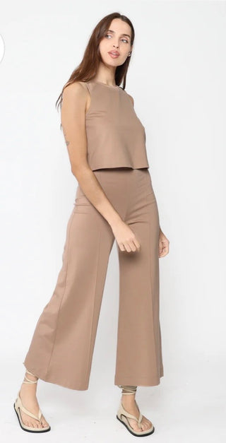 Khaki Ponte Knit Wide Leg Pant: Cropped