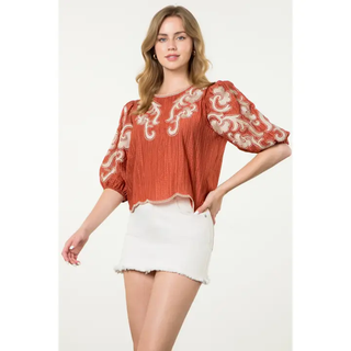 Briar - Embroidered Puff Sleeve Textured Top