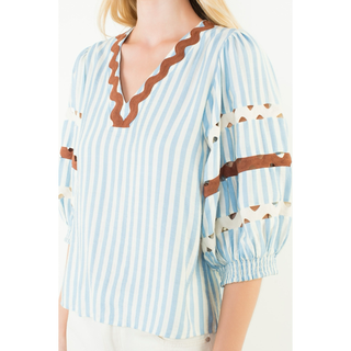 Dallas - Puff Sleeve Striped V-Neck Top - Blue