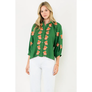Lucky -  Embroidered Detail Button Up Top - Green