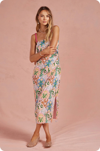 Garden Party Pleated Satin Midi Dress - Multi