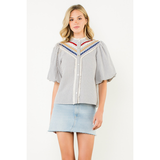 Ainslie -  Striped Puff Sleeve Button Trim Top