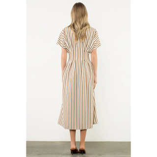 Jennifer - Striped Pintuck Button-Up Maxi Dress - Brown