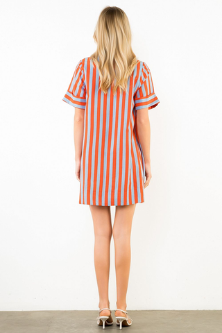 Seaside Short Sleeve Striped Button Down Dress - Orange / Blue