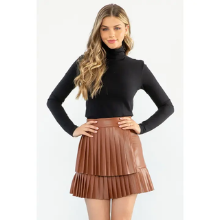 Danny- Leather Pleated Skirt - Brown