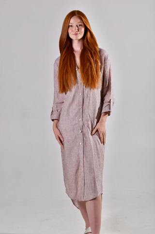 Brown and White Stripe Linen Girlfriend Midi Dress