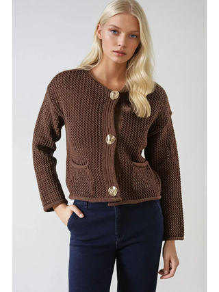 Long Sleeve Gold Button Knit Cardigan - Brown