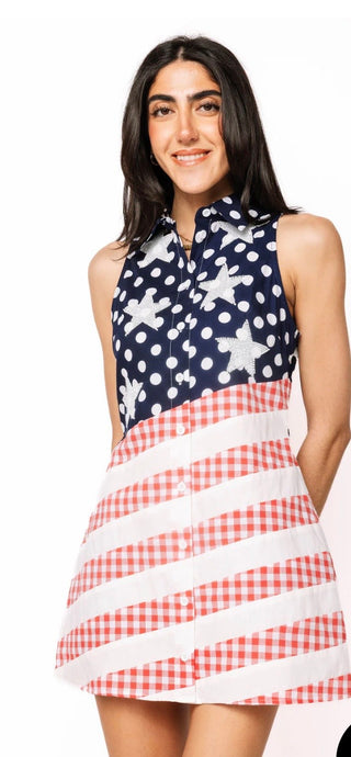 Navy, Red & White Polka Dot and Stripe USA Button Up Tank Dress