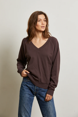 Sinead - Relaxed French Terry V Neck Sweatshirt - Cocoa