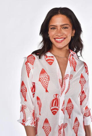Red and White Fish Cotton Girlfriend Midi Dress