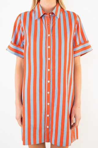 Seaside Short Sleeve Striped Button Down Dress - Orange / Blue
