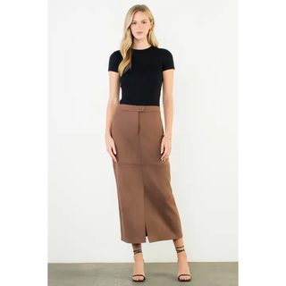 Sierra - Front Slit Suede Long Skirt - Brown